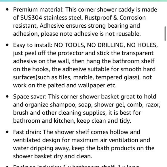 ARCCI Adhesive Corner Holder/Organizer For Tub, Kitchen Basket Storage w/Hooks - Picture 4 of 9